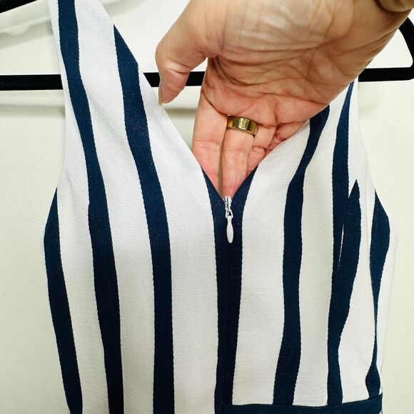 Topshop Navy and White Stripe Triangle Waist Cutout VNeck Nautical Mini Dress 4 - Picture 8 of 14